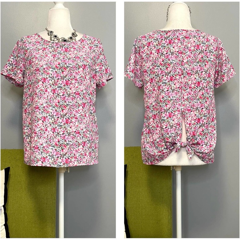 Cozy Rozy Pink Floral Tie Split Back Blouse Top NEW Small